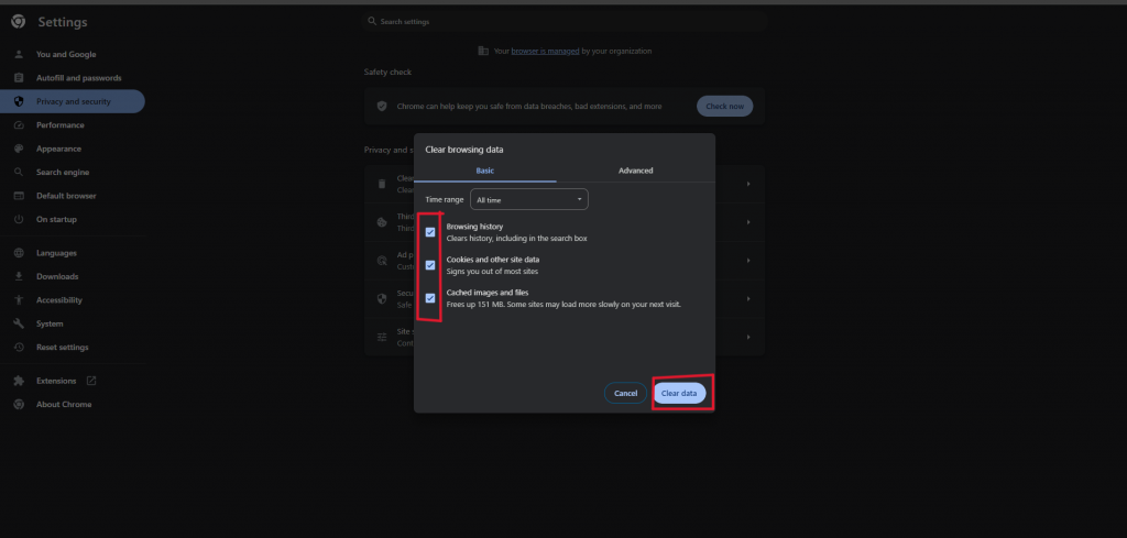 Clear browsing data dialog in Chrome